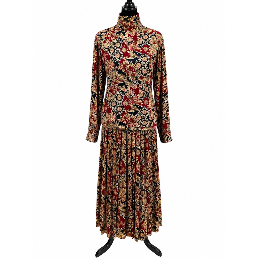 Brooks Brothers Womens 14 Floral Baroque Blouse Pleated Midi Skirt 2 Piece Set